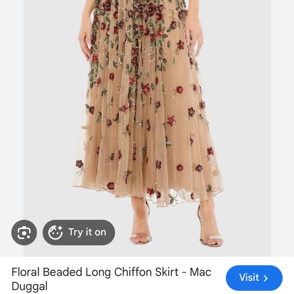 Mac Duggal Beaded Floral Chiffon Skirt in Nude with Red & Green Embroidery